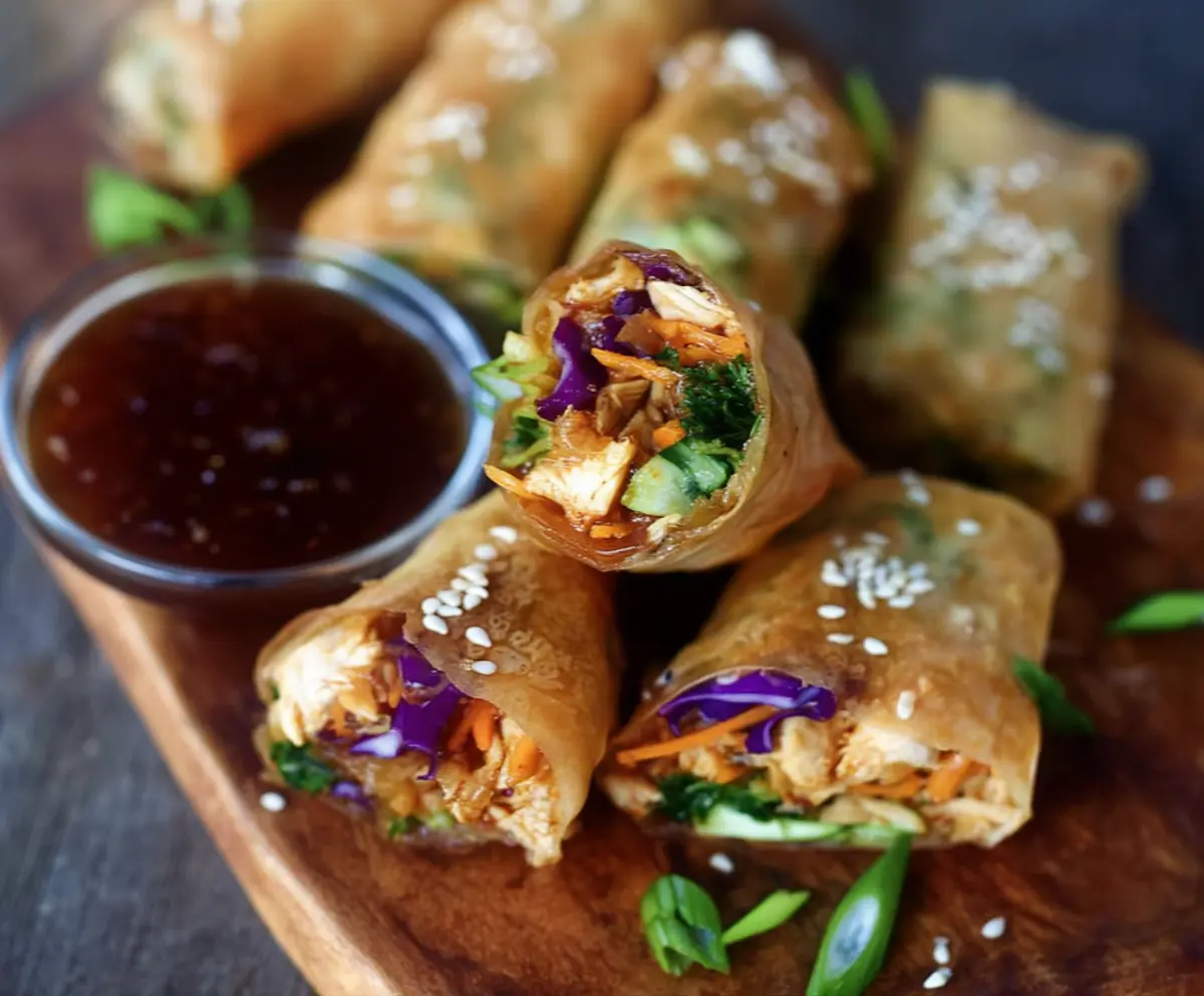 Healthy turmeric sesame chicken spring rolls with fresh vegetables and herbs.