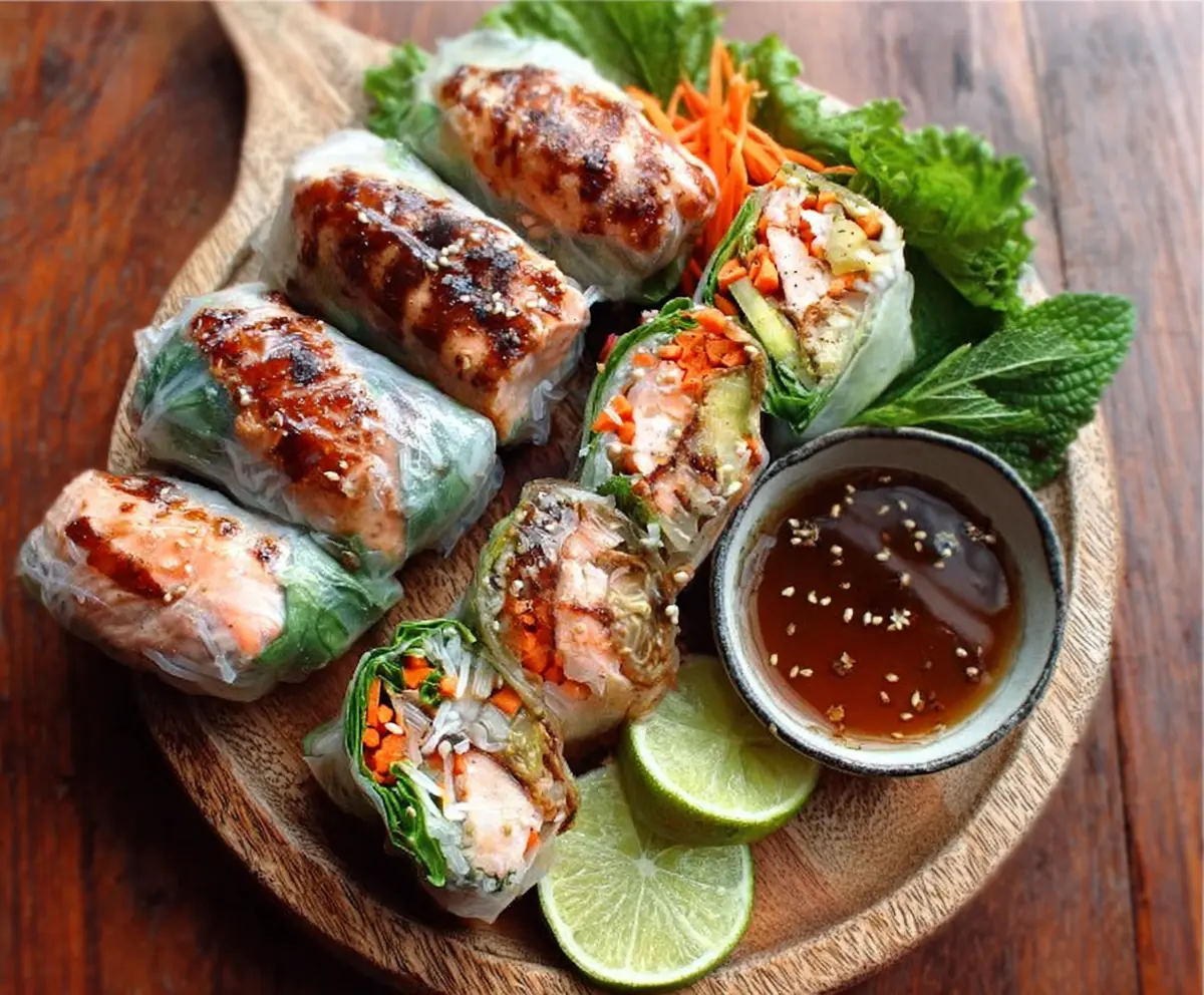 Delicious Vietnamese Baked Salmon Spring Rolls with fresh herbs and dipping sauce