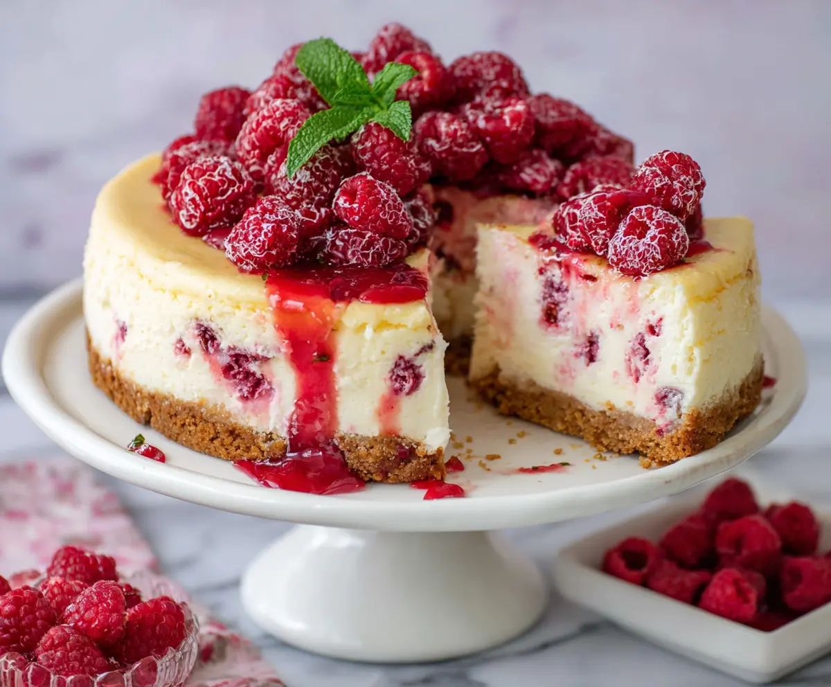 Delicious white chocolate raspberry cheesecake with a smooth topping and fresh raspberries on top.
