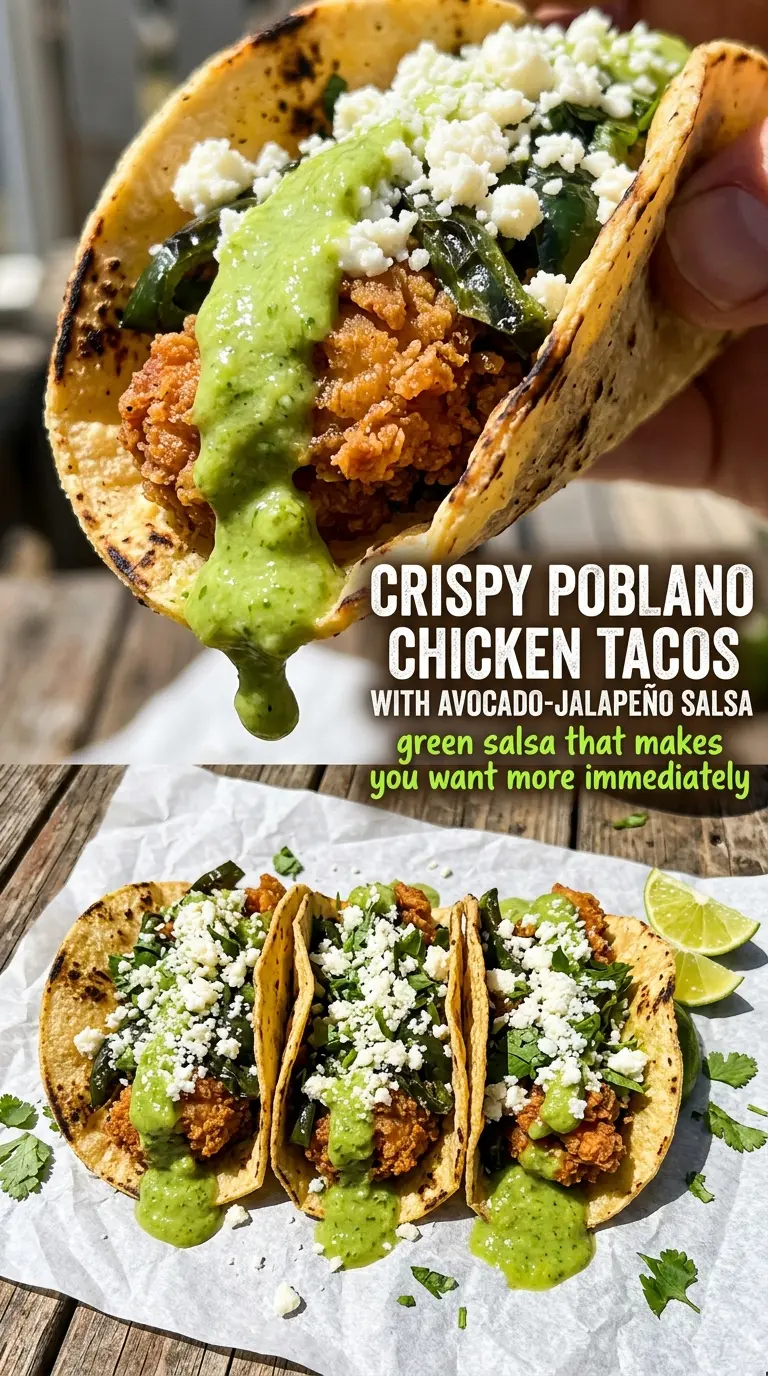 Crispy Poblano Chicken Tacos with Avocado-Jalape f1o Salsa, smoky, fresh, layered