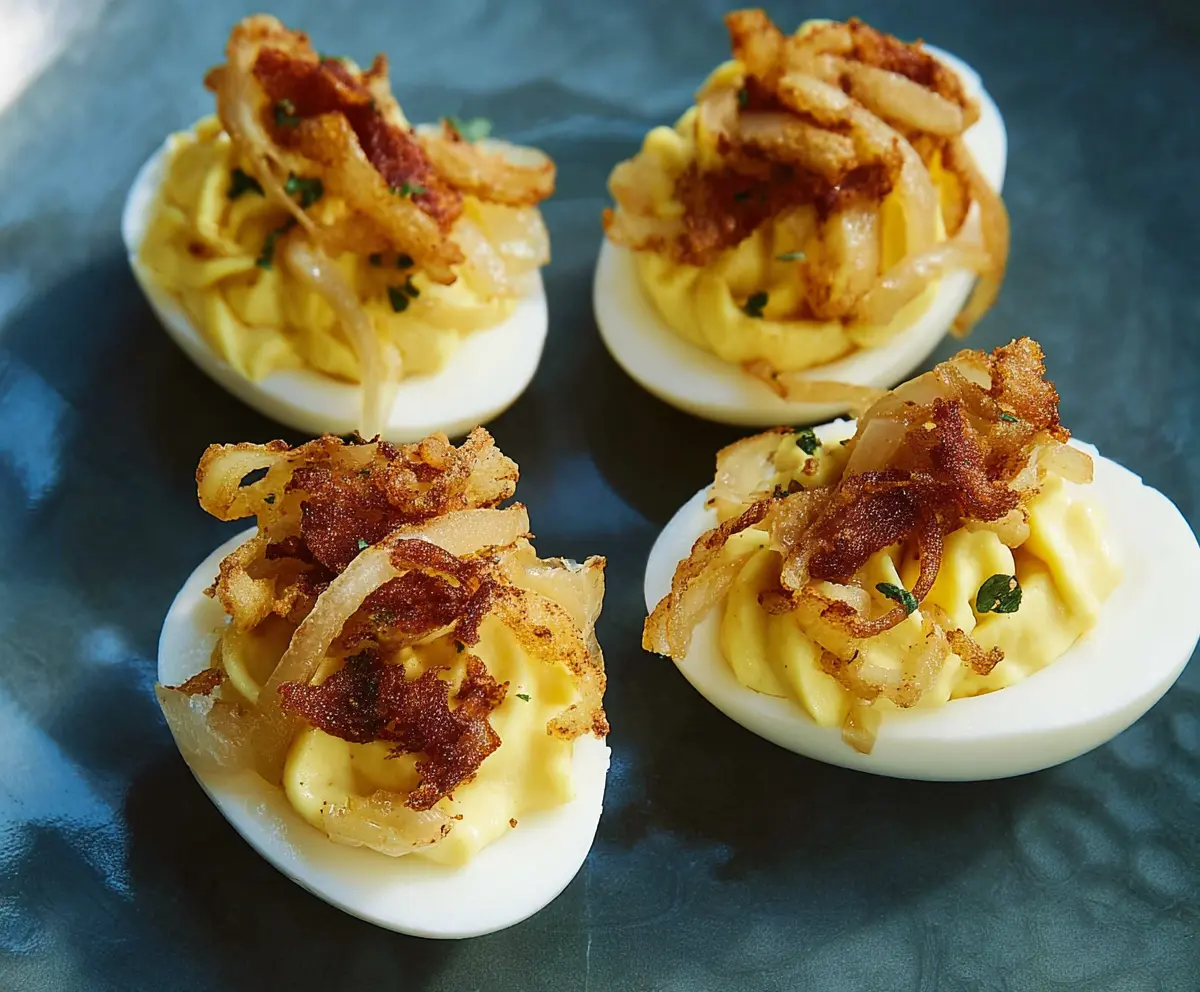 Delicious French Onion Deviled Eggs topped with caramelized onions and fresh herbs.