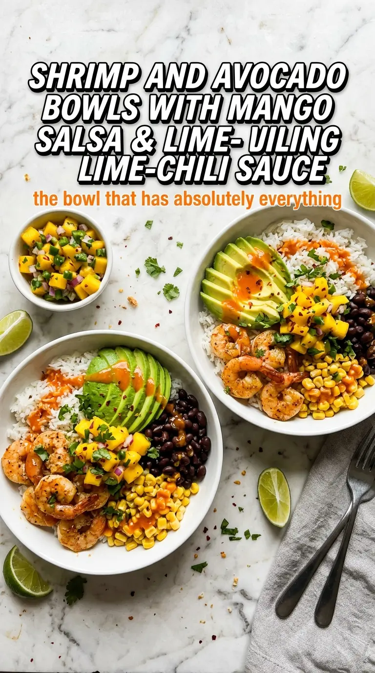 Shrimp and Avocado Bowls with Mango Salsa & Lime-Chili Sauce, fresh colorful bowl