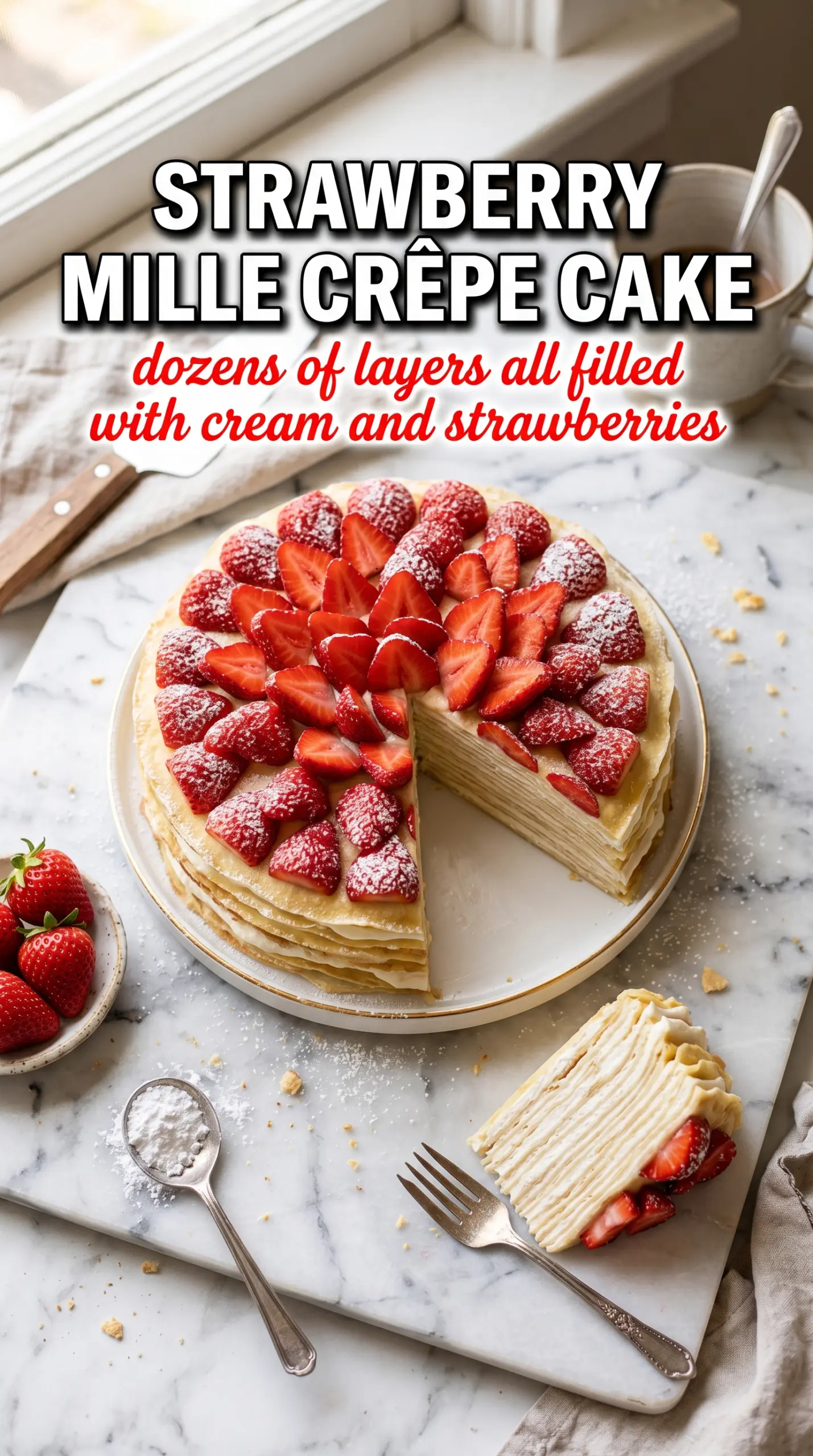Strawberry Mille Crêpe Cake delicate layers, pastry cream, fresh strawberries