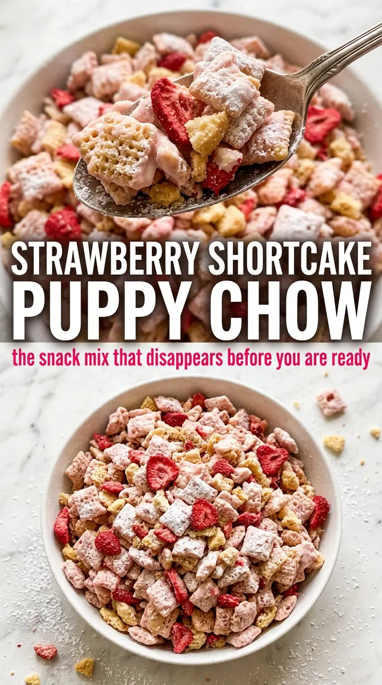 Strawberry Shortcake Puppy Chow with pink strawberry coating