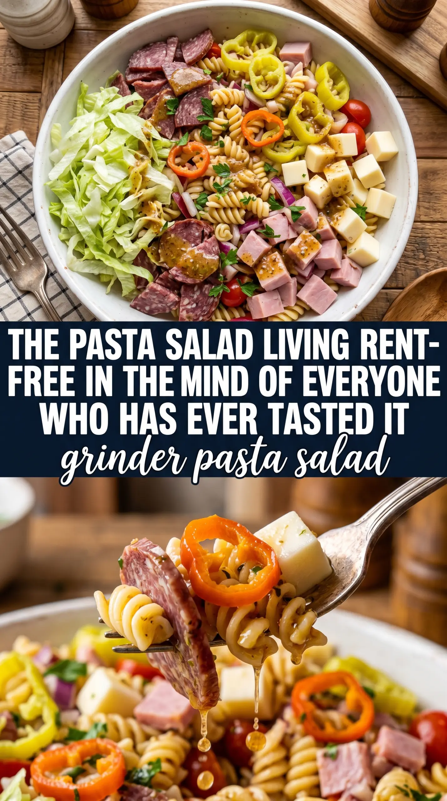 Grinder Pasta Salad, deli meats, tangy, crisp