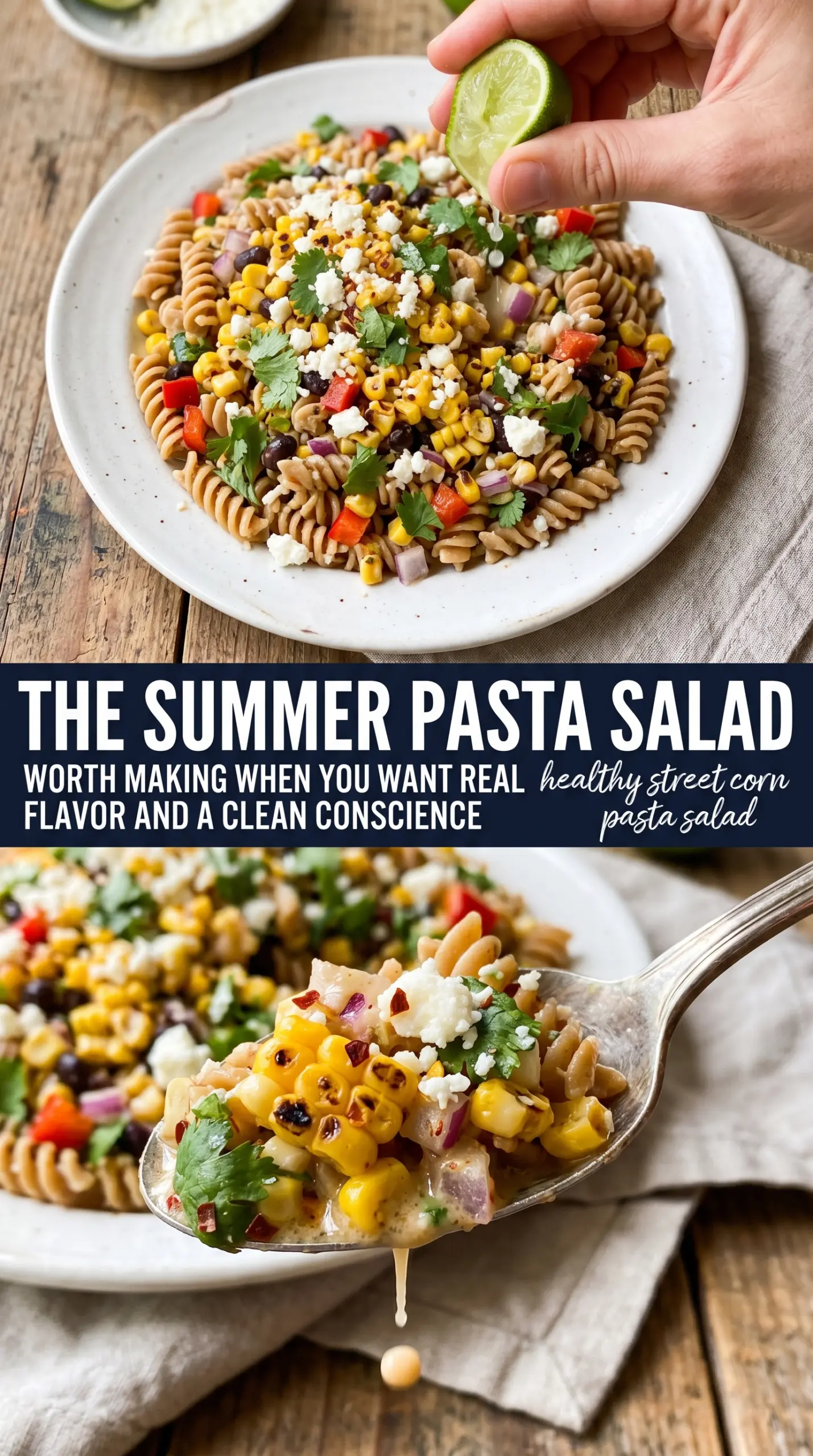 Healthy Street Corn Pasta Salad creamy lime cotija
