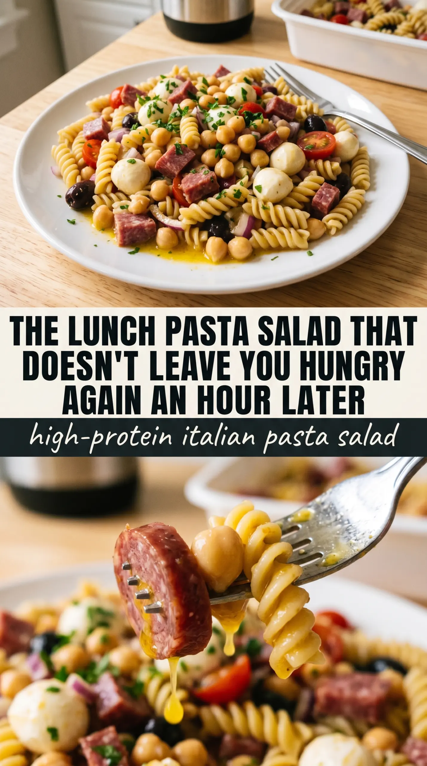 High-Protein Italian Pasta Salad with chicken, chickpeas, mozzarella