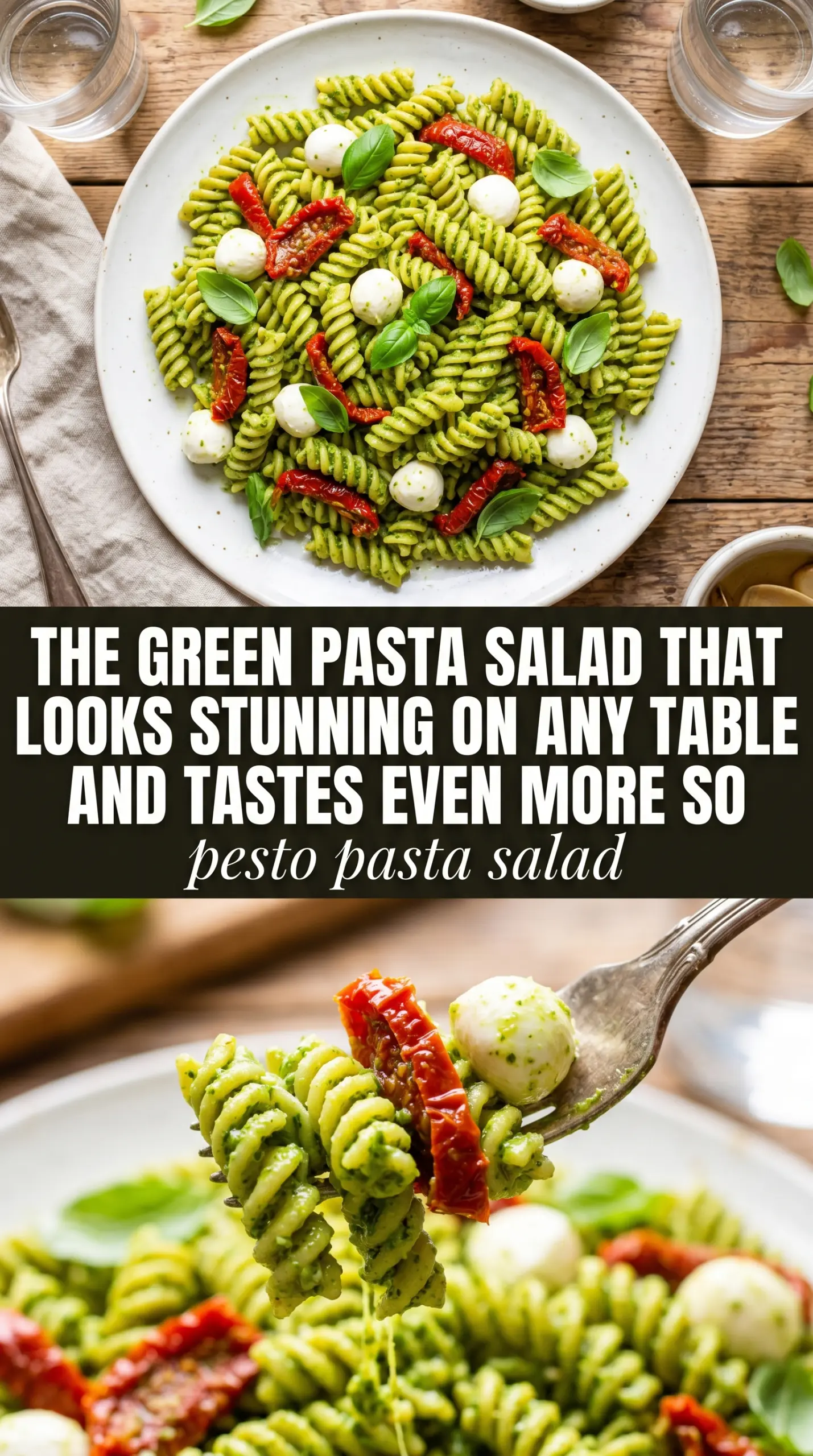 Pesto Pasta Salad vibrant basil, tomatoes, mozzarella