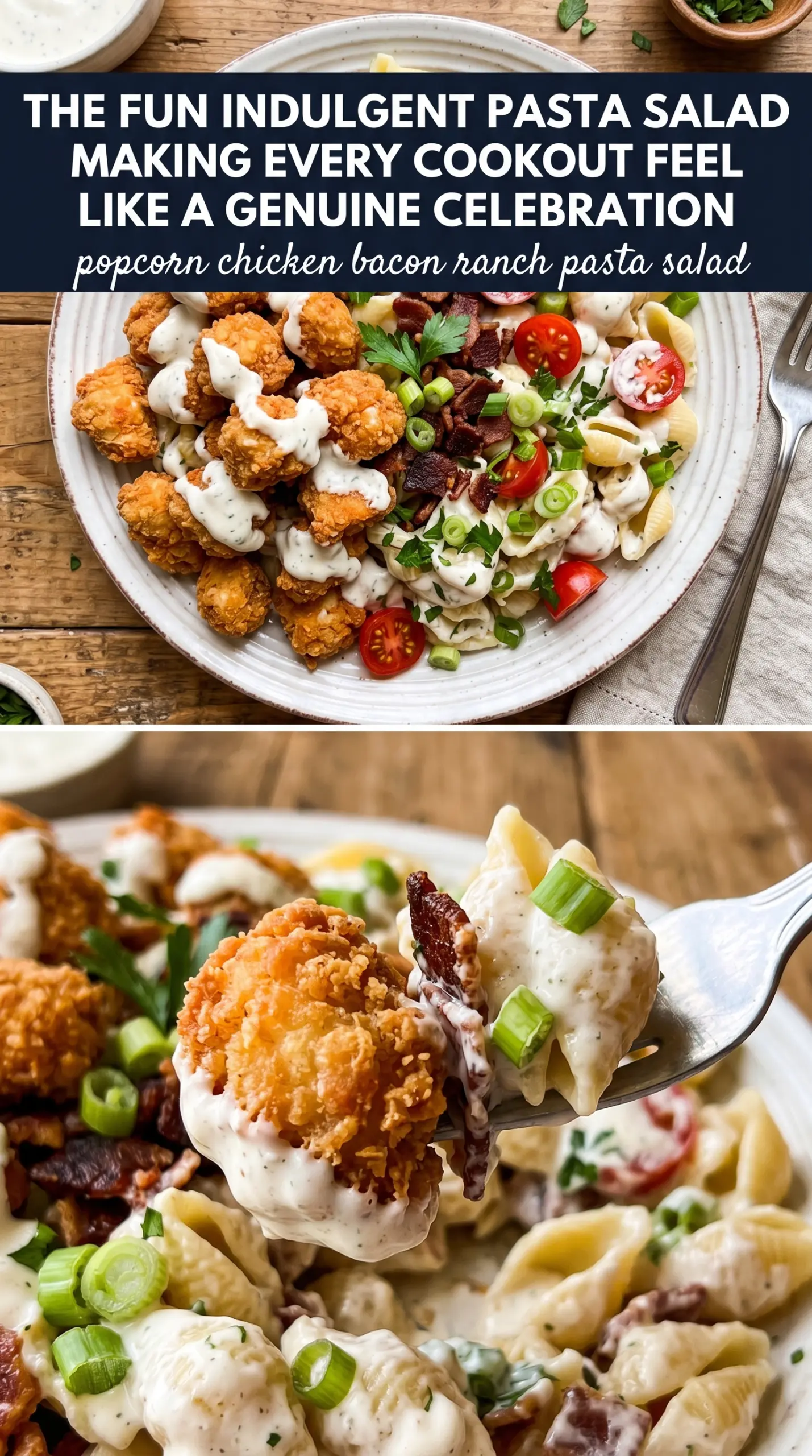 Popcorn Chicken Bacon Ranch Pasta Salad crispy bacon ranch