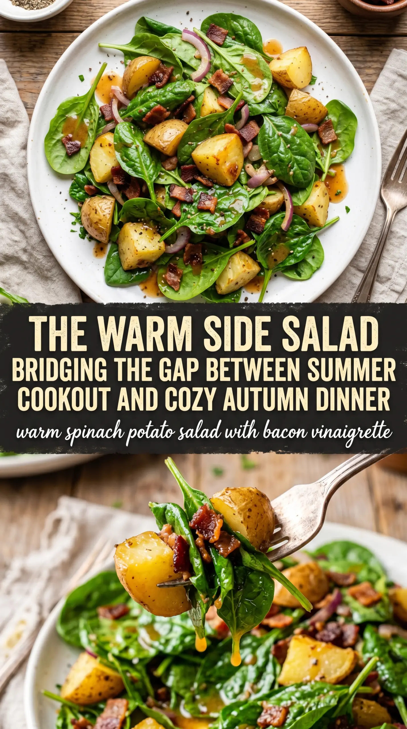Warm Spinach Potato Salad with Bacon Vinaigrette, warm potatoes, wilted spinach, bacon