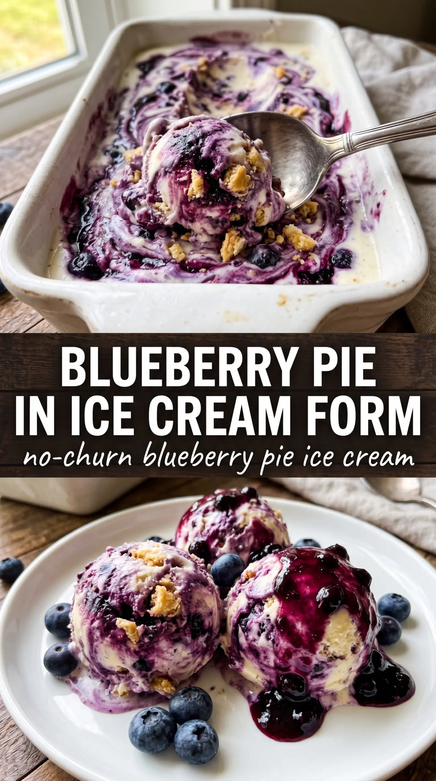 Blueberry Pie No-Churn Ice Cream, creamy blueberry swirls, buttery crust