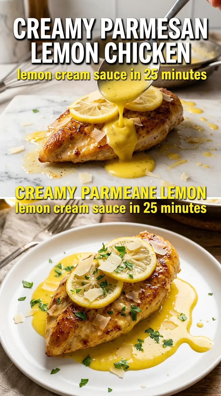 Creamy Parmesan Lemon Chicken, silky skillet sauce, golden seared chicken