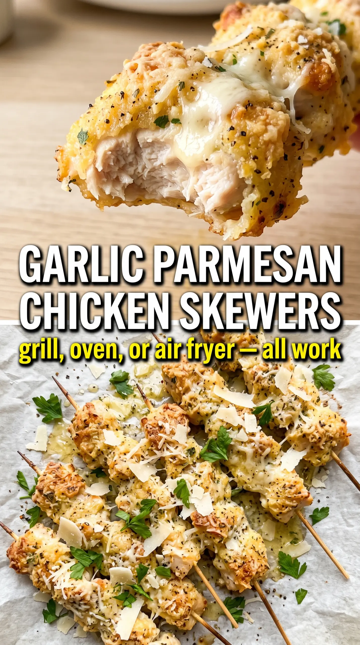 Garlic Parmesan Chicken Skewers golden grilled, buttery, herb-coated
