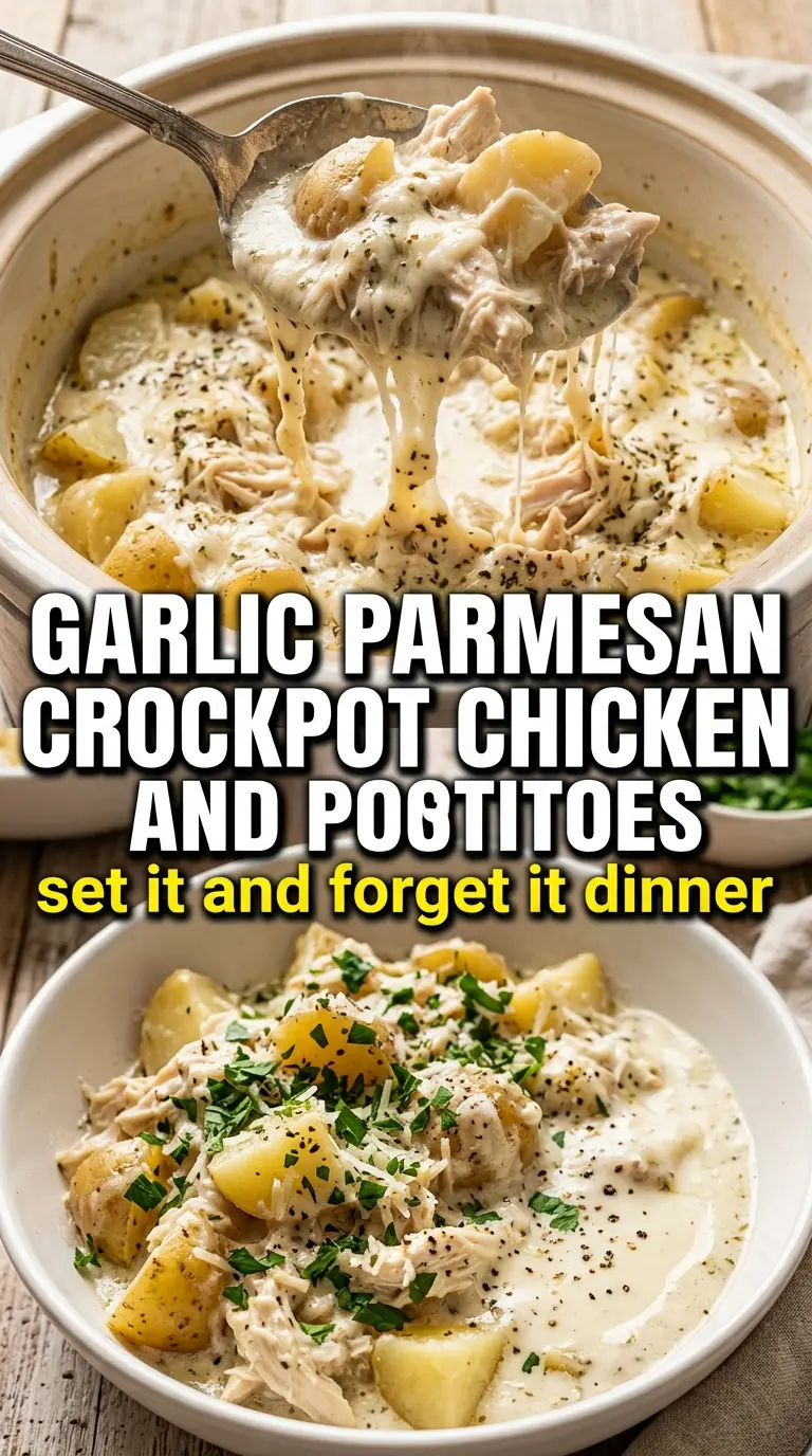 Garlic Parmesan Crockpot Chicken and Potatoes creamy savory tender