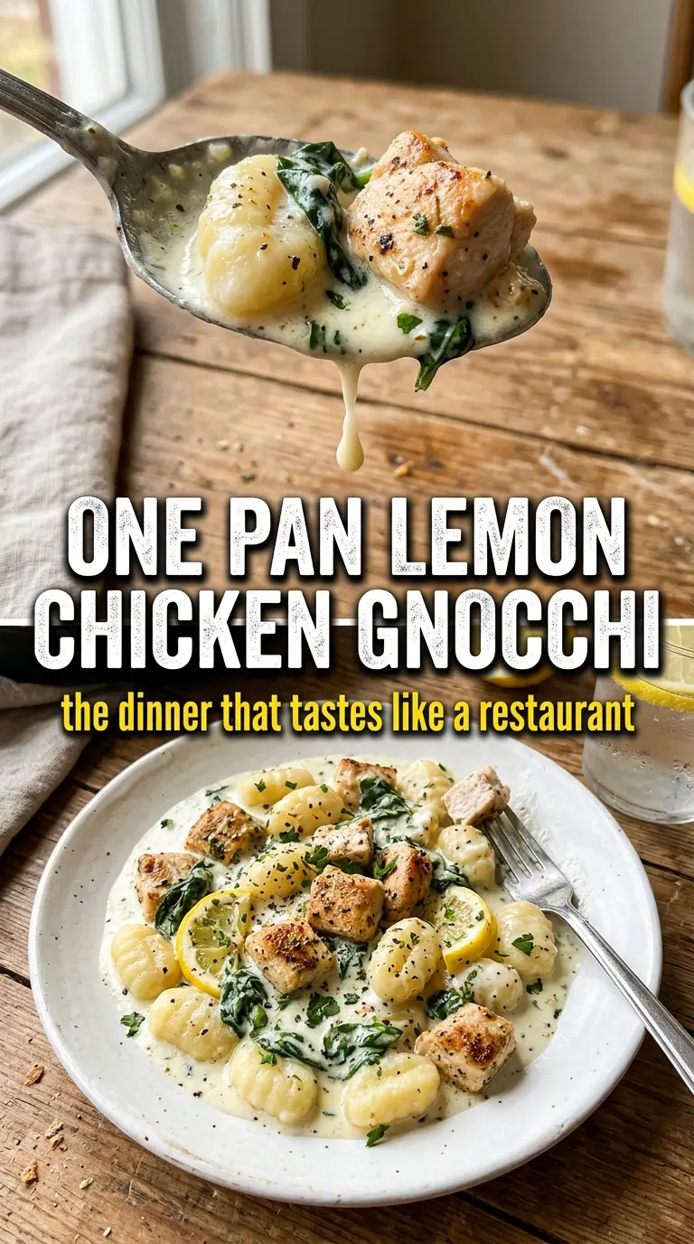 One Pan Lemon Chicken Gnocchi, creamy skillet, golden