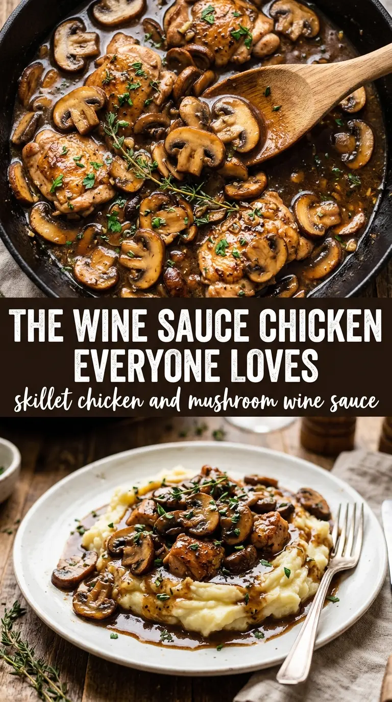 Skillet Chicken and Mushroom Wine Sauce with mushrooms, red wine, thyme