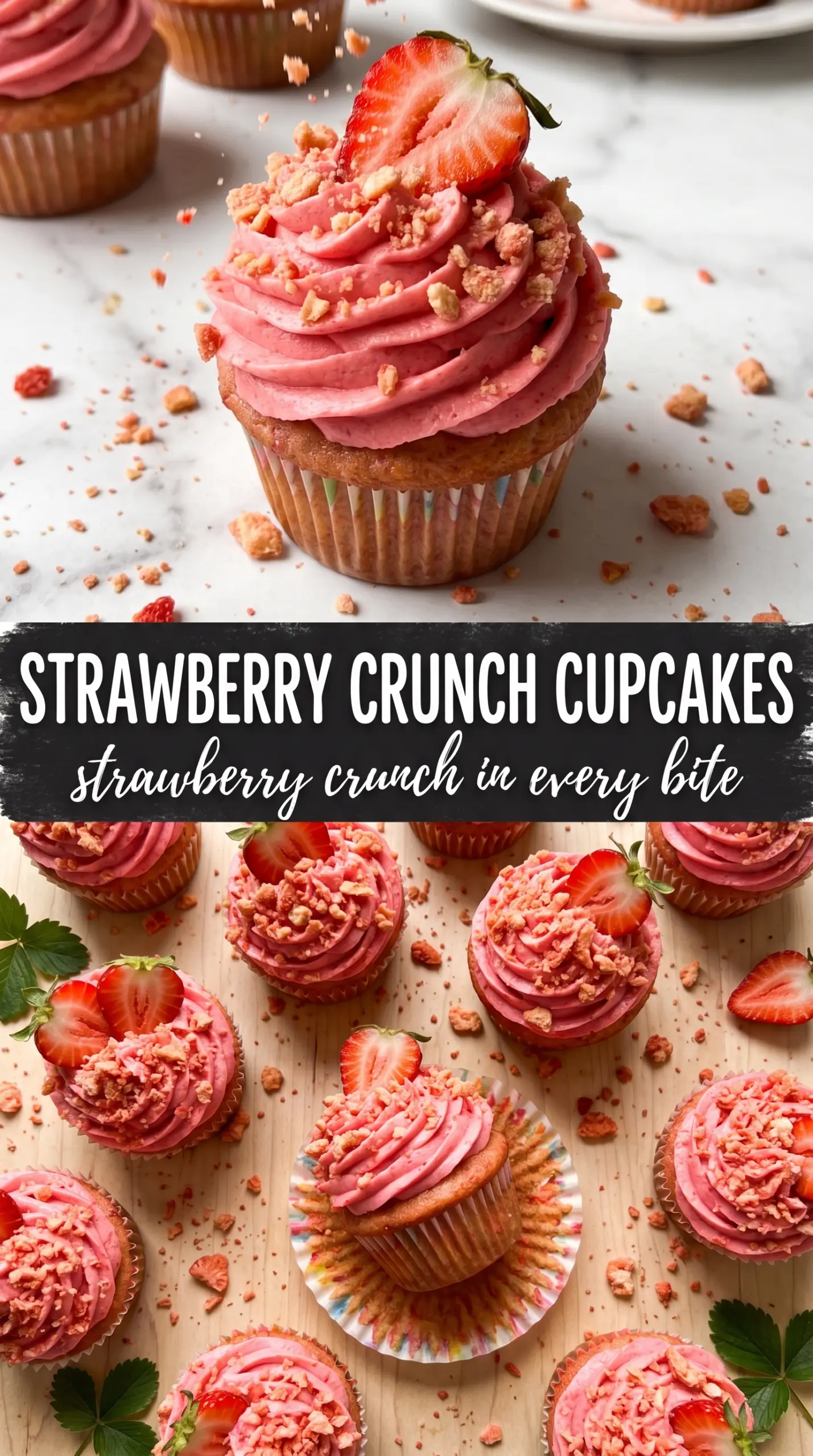 Strawberry Crunch Cupcakes pink strawberry crunchy