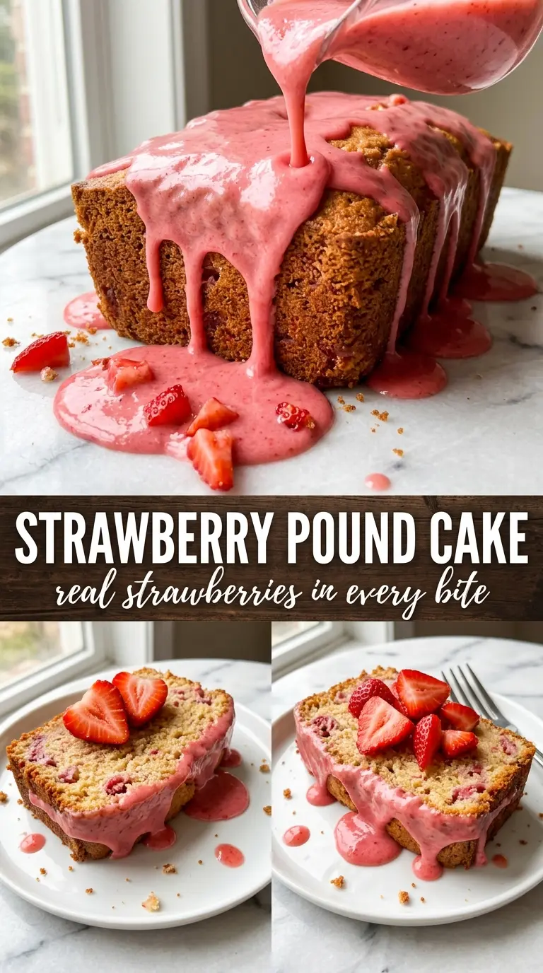 Strawberry pound cake with pink glaze and fresh berries