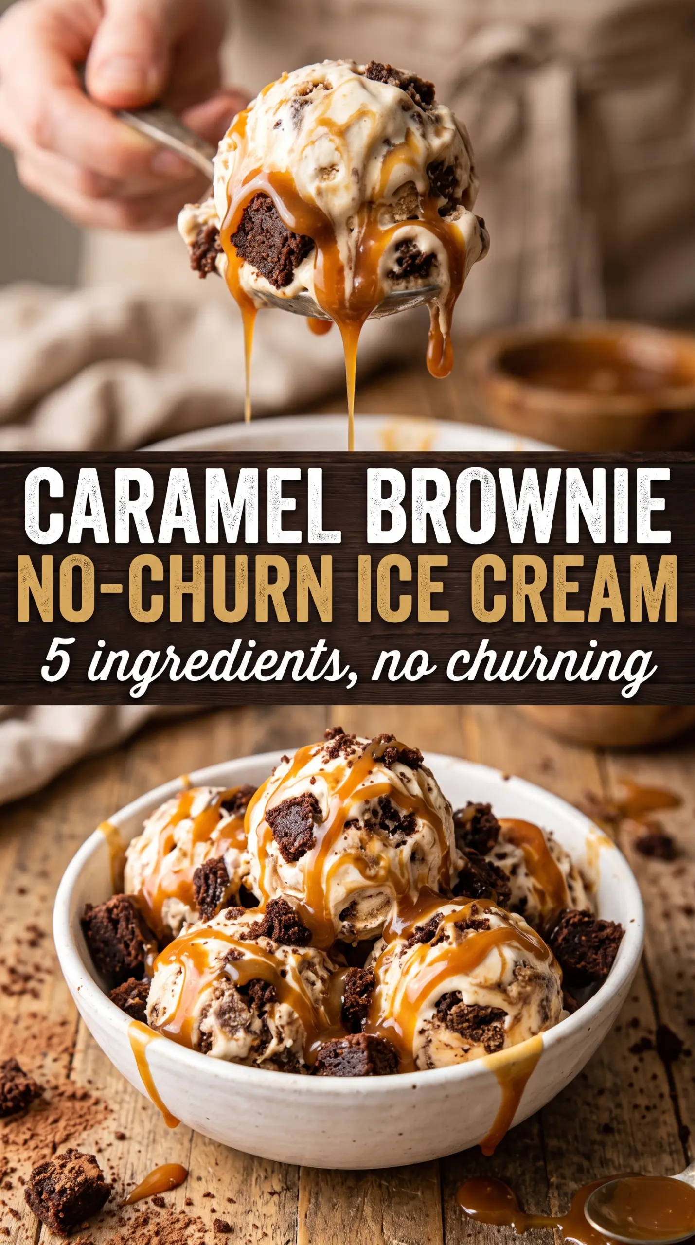 Caramel Brownie No-Churn Ice Cream with fudgy brownie chunks and caramel swirls