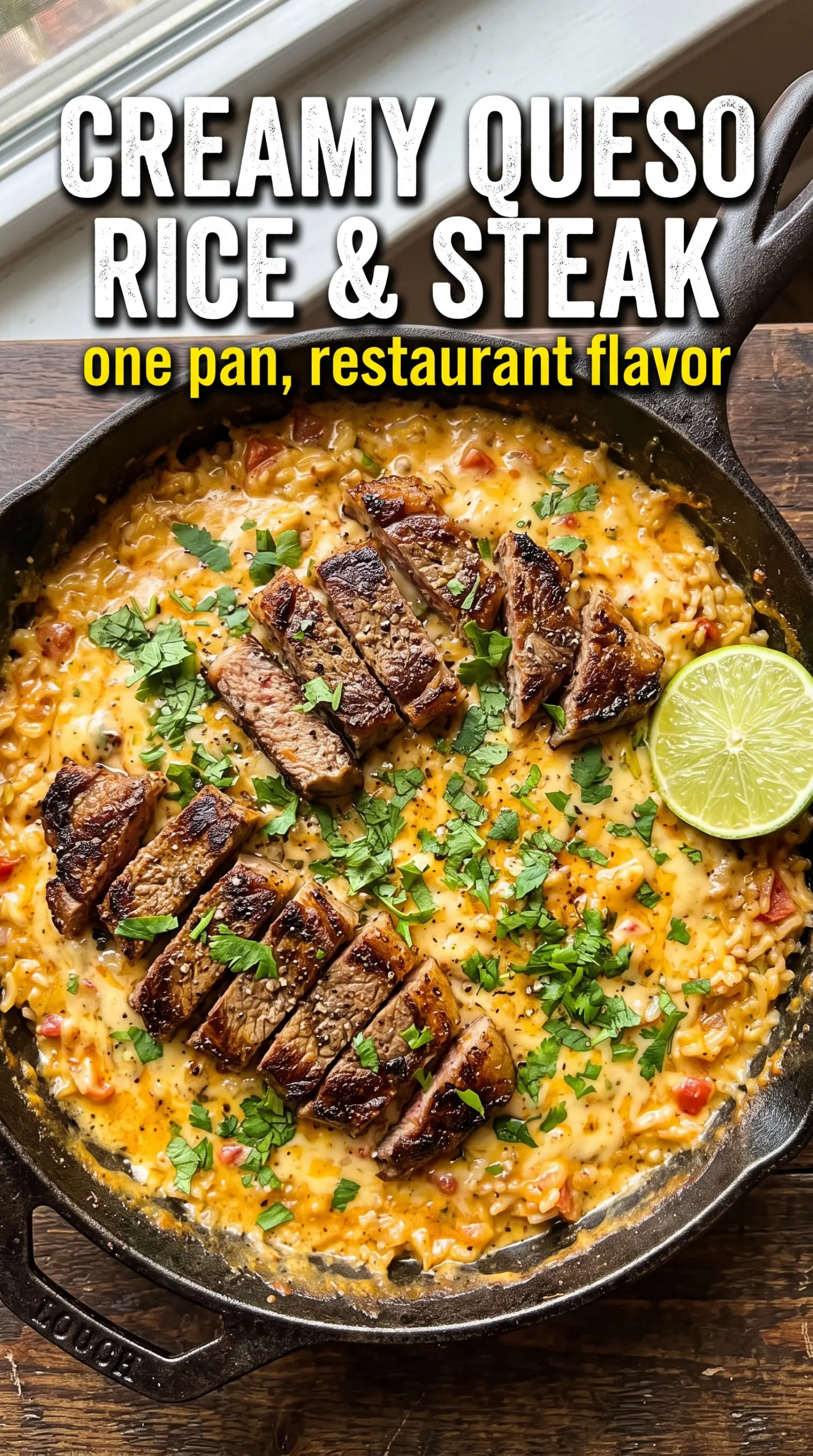 Creamy Queso Rice with Steak Strips cheesy rice steak bowl