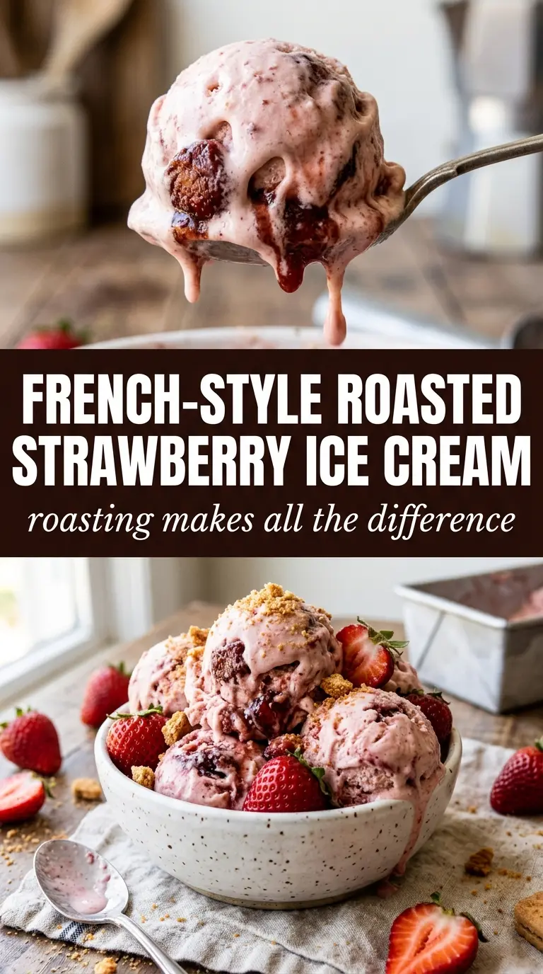 French-Style Roasted Strawberry Ice Cream, custard-rich, jammy
