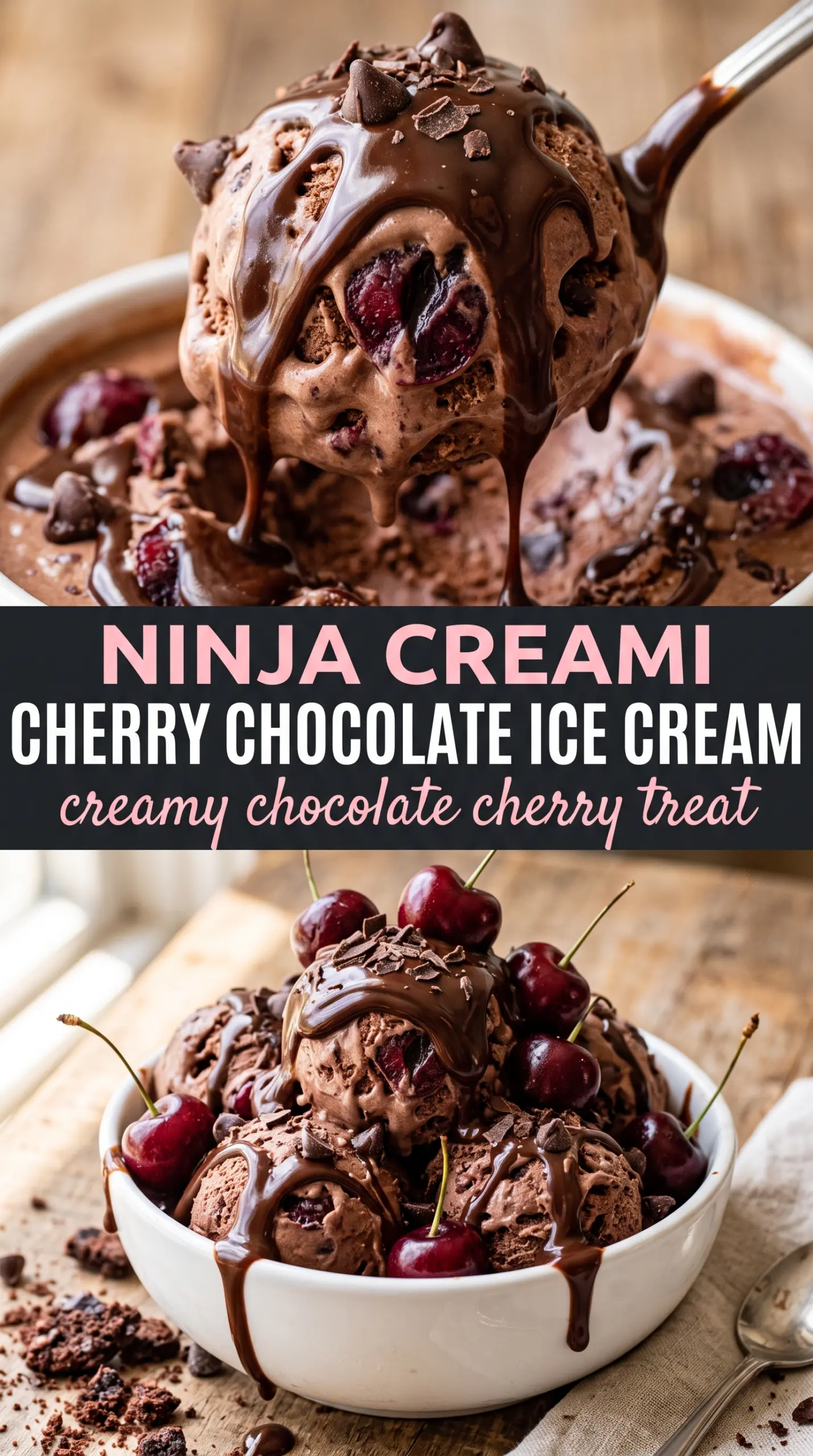 Cherry Chocolate Ice Cream in the Ninja Creami with dark cherries, creamy chocolate