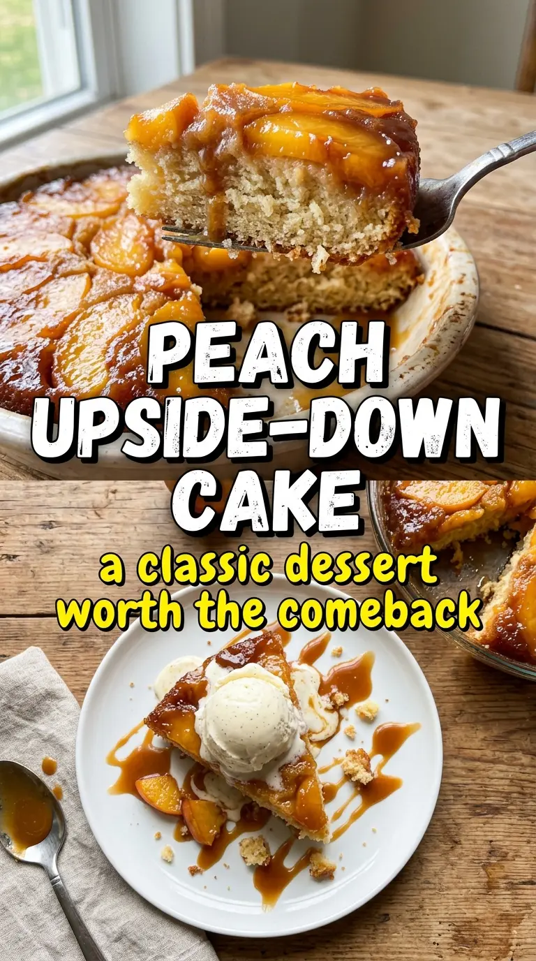 Peach upside-down cake caramelized peach slices buttery dessert
