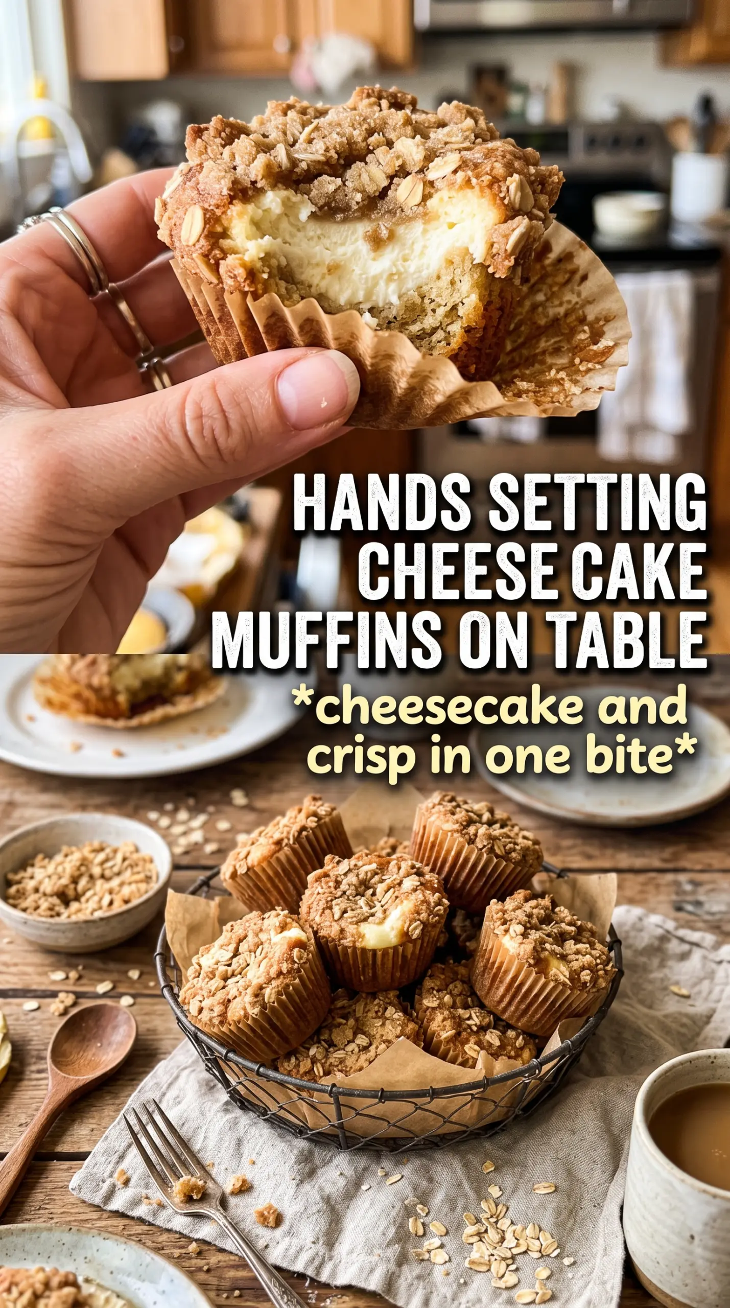 Apple Crisp Cheesecake Muffins with cream cheese swirl, oat crumble
