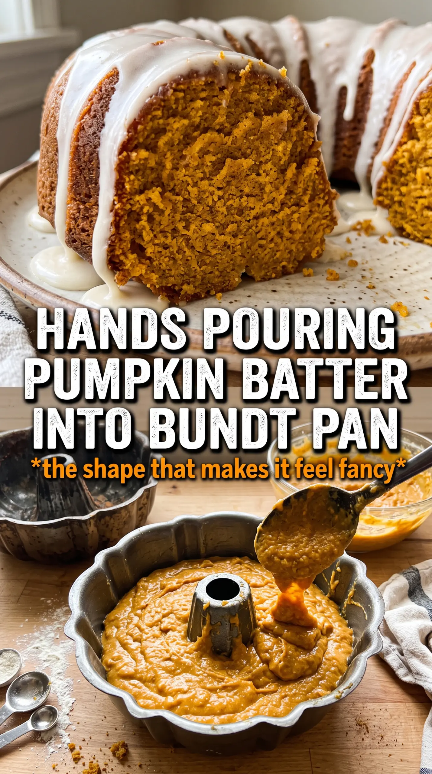 Pumpkin Bundt Cake with cream cheese glaze, spiced crumb, pecans