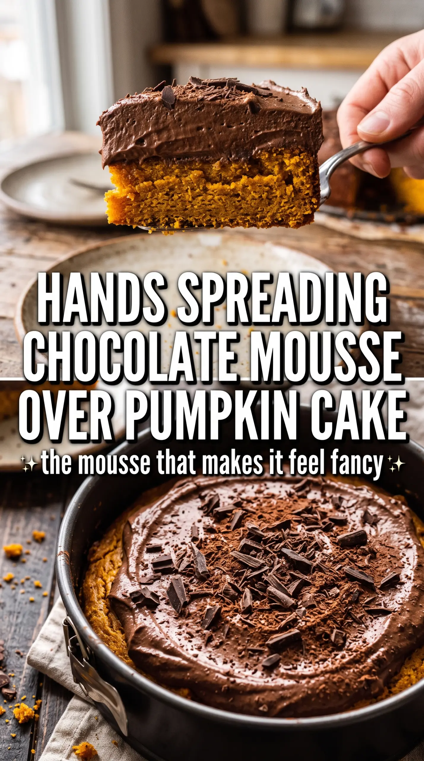 Pumpkin Chocolate Mousse Cake layered dessert with chocolate cake and pumpkin mousse