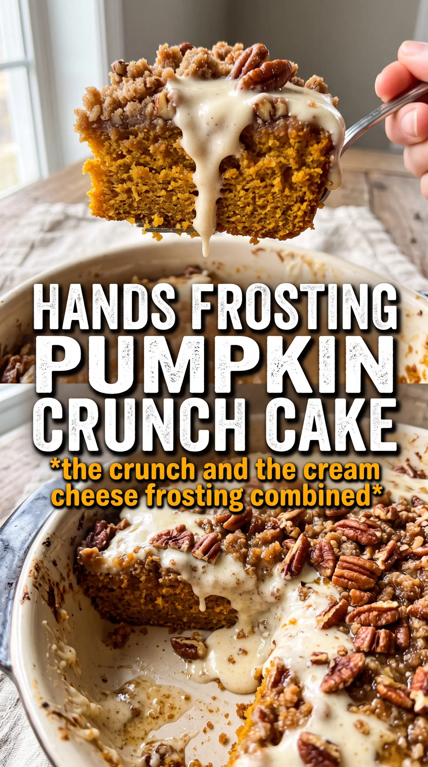 Pumpkin crunch cake with cream cheese frosting, spiced, pecan crunch