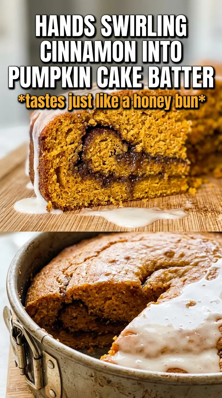 Pumpkin Honey Bun Cake with cinnamon swirl and vanilla glaze
