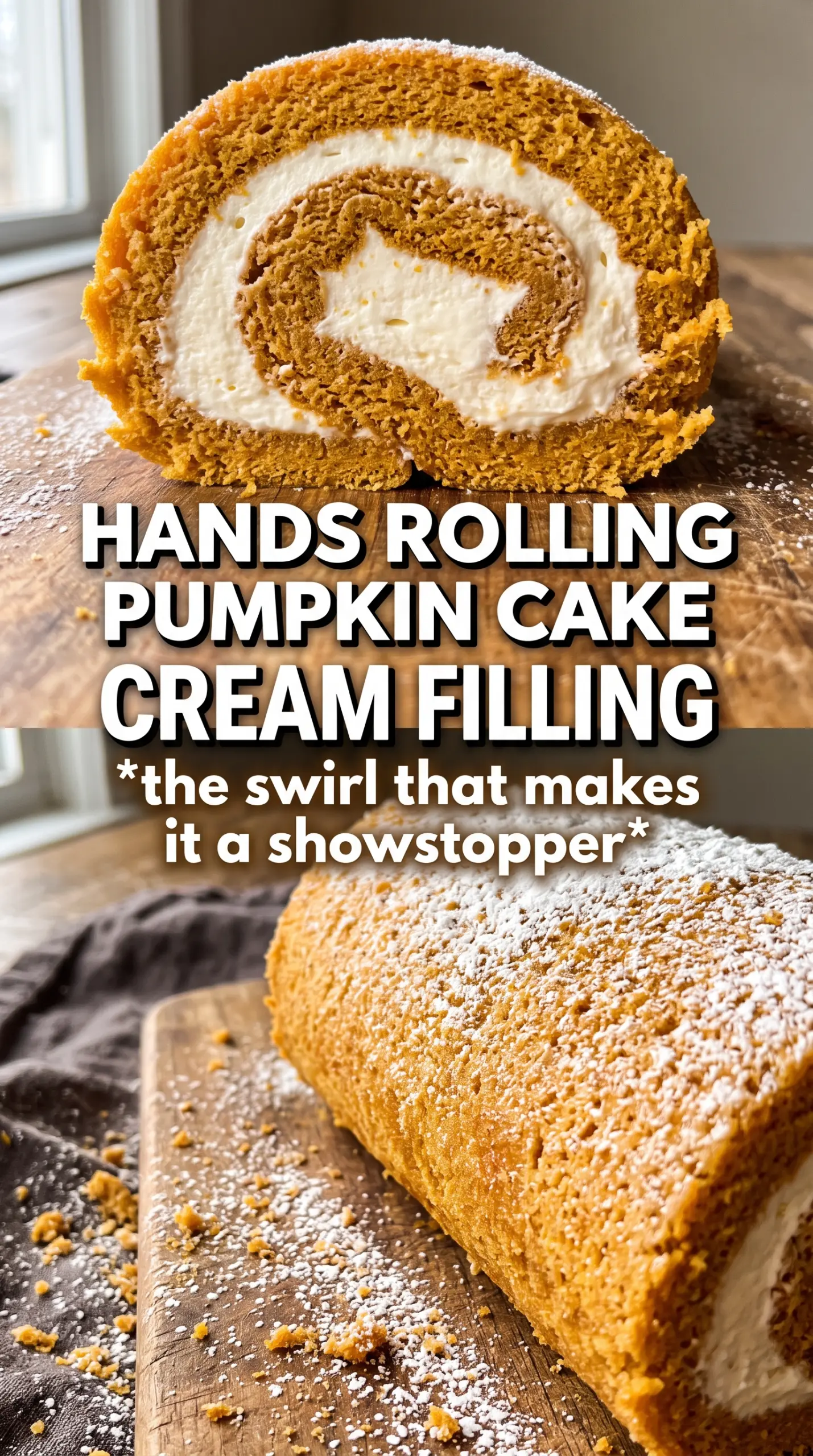 Pumpkin Roll Cake creamy swirl, powdered sugar