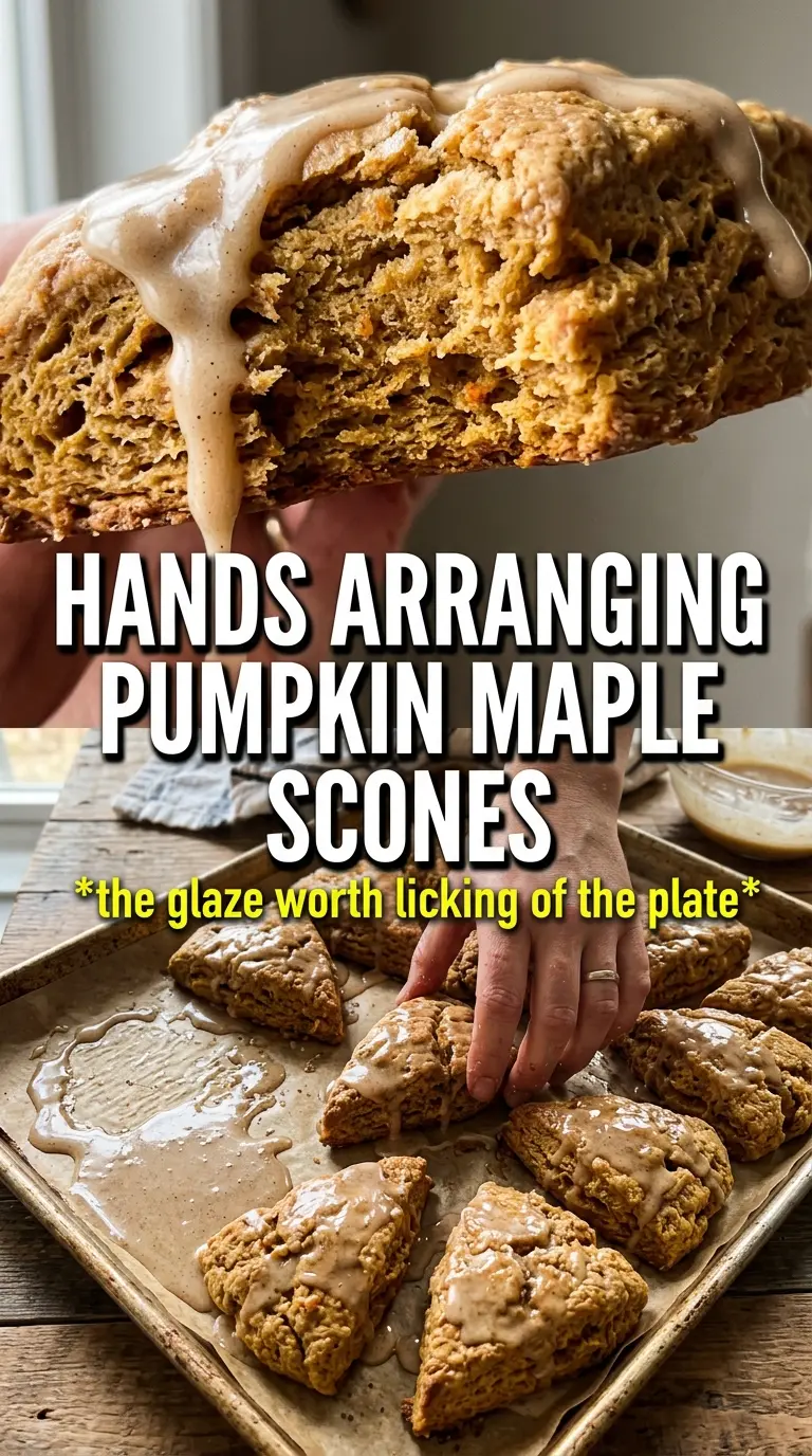 Pumpkin scones with maple glaze, flaky, spiced, bakery-style