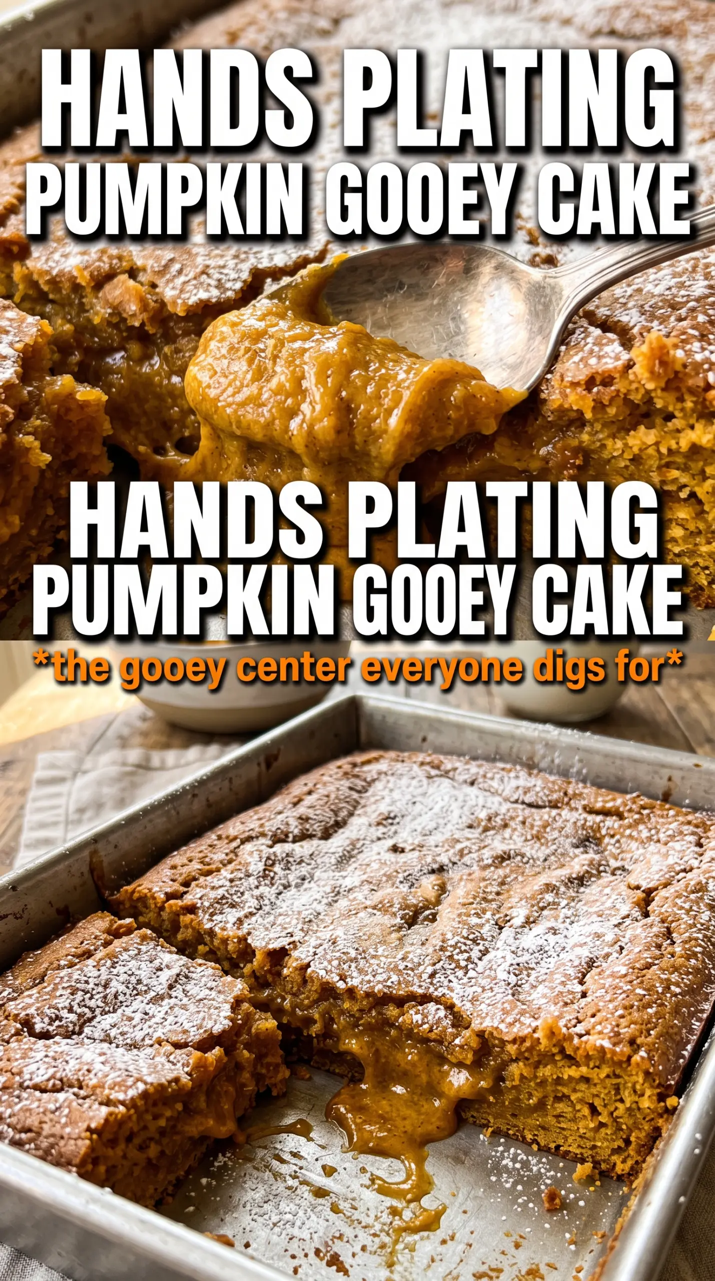 Pumpkin Spice Gooey Cake gooey pumpkin, spice cake, powdered sugar