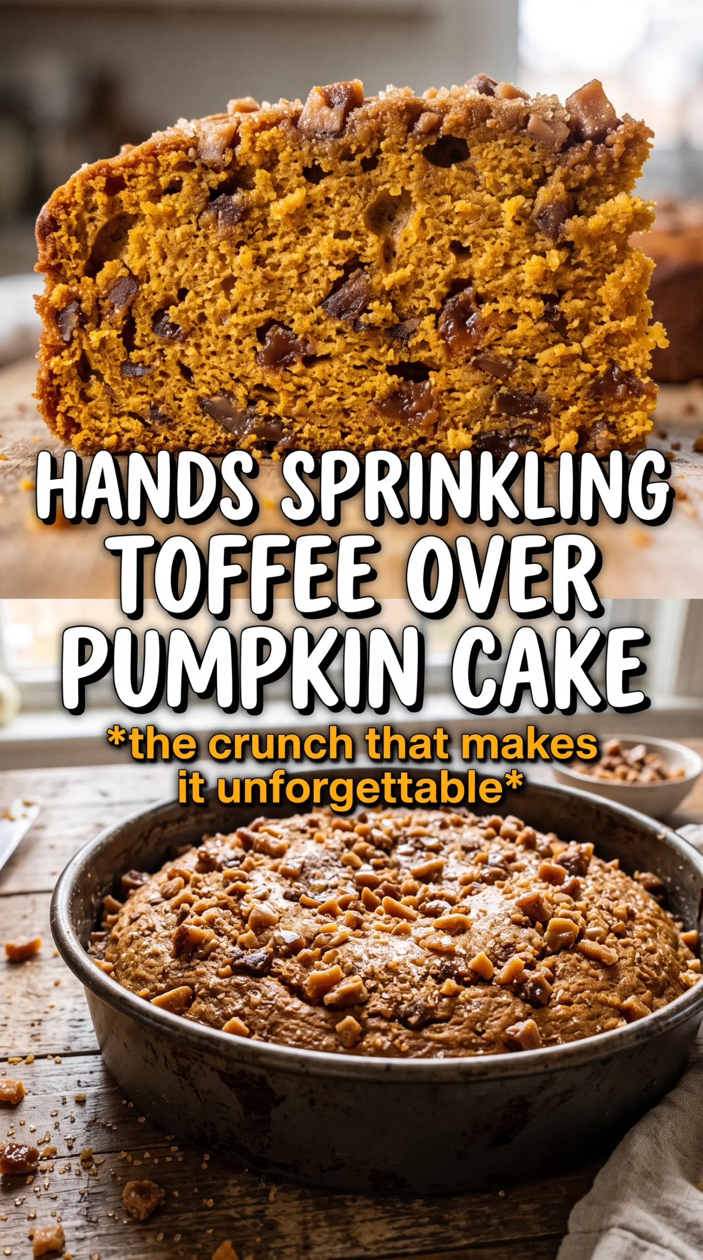 Pumpkin Toffee Crunch Cake golden layers, brown butter frosting, toffee bits