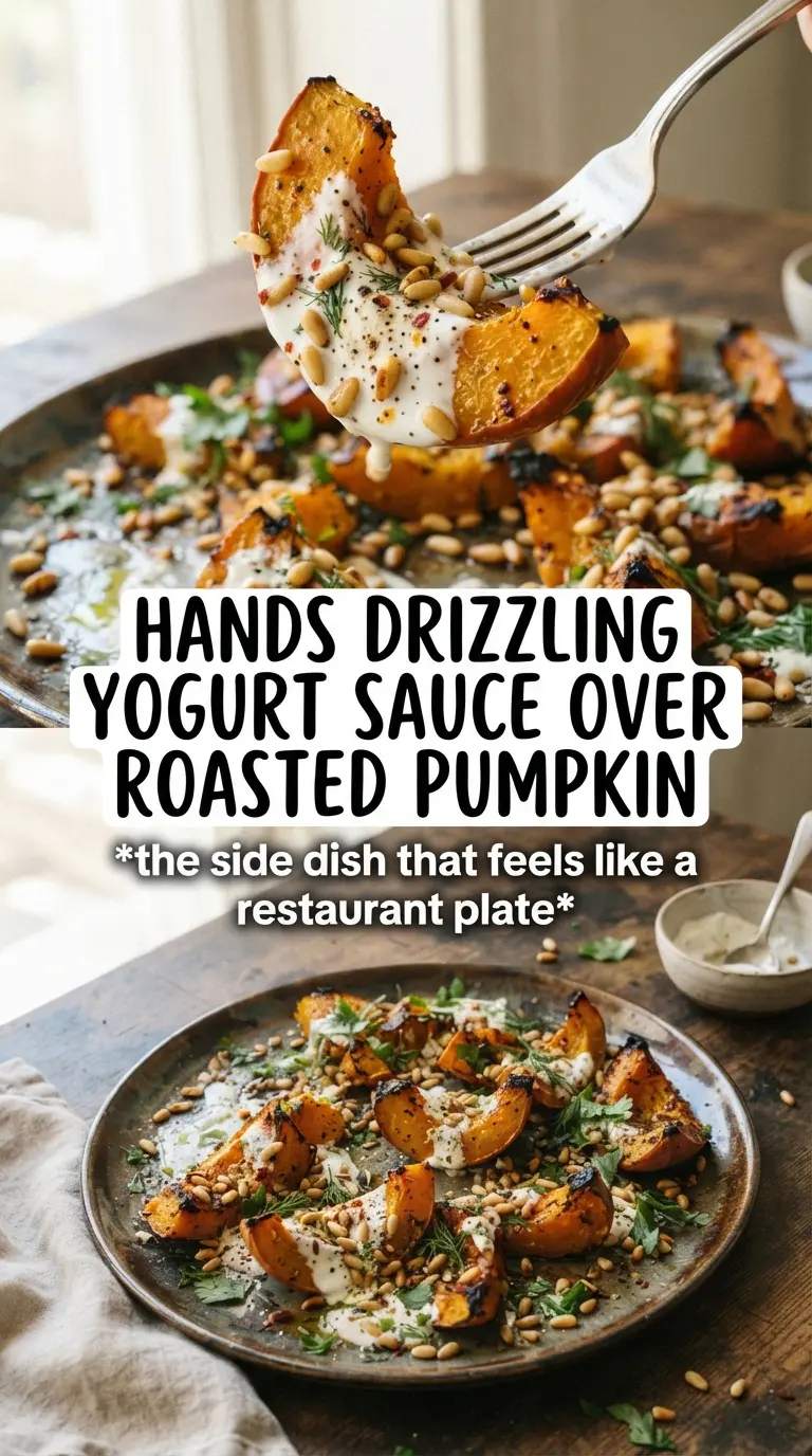 Roasted pumpkin with yogurt sauce and pine nuts caramelized creamy